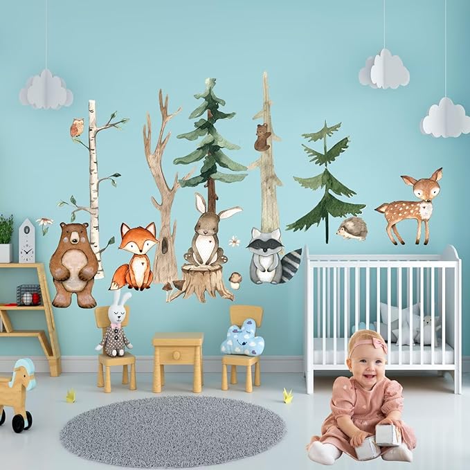 Large Woodland Animals Nursery Wall Decals,Watercolor Forest Tree Fox Deer Bear Wall Stickers,Peel and Stick Jungle Bedroom Room Decor for Nursery Baby Kids Boys