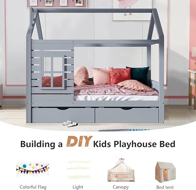 Twin Size Kids House Bed with 2 Storage Drawers, Twin House Bed Frame with Roof and Window, Twin Bed Frames for Kids with Slats, Modern Wooden Montessori Bed for Bedroom, Grey