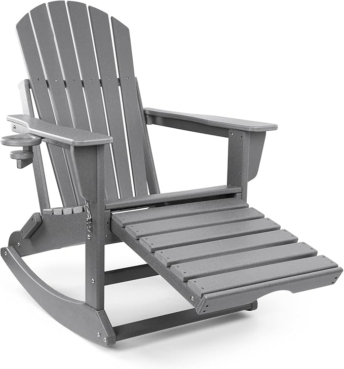 FUNBERRY Adirondack Rocking Chair, Multifunctional 4-in-1 Porch Rocker with Retractable Ottoman & Cup Holder HDPE All Weather