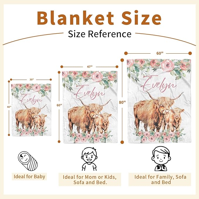 Personalized Baby Blanket for Boys, Custom Name Blanket for Girl Newborn Mom, Soft Flannel with Double Layer Dotted Backing, Gifts for Baby Shower Christmas Birthday, Highland Cow(47" x60)