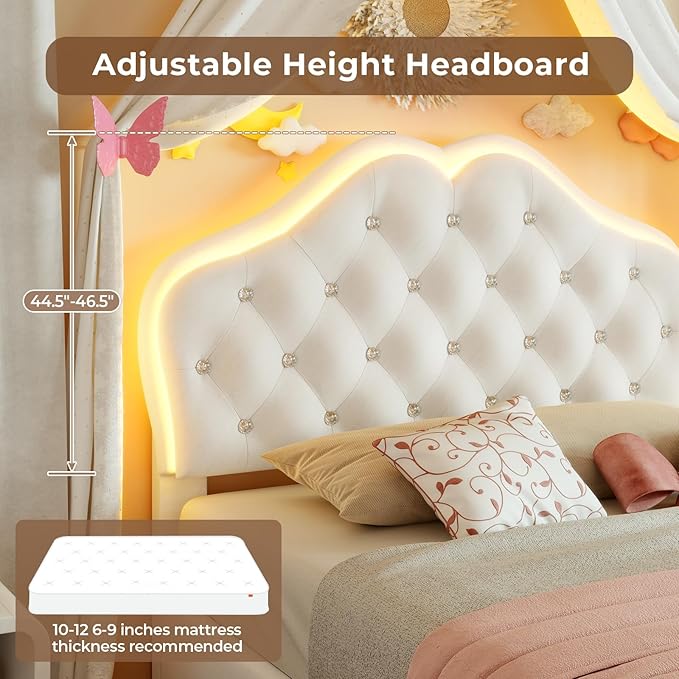 BTHFST Twin Size Girl Bed with Storage Drawer & LED Lights, Upholstered Platform Bed, Adjustable Headboard with Velvet Crystal Button Princess Bed, Wood Slats Support, No Box Spring Needed, Beige