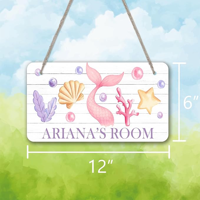 Mermaid Design Sea Theme Personalized Room Door Sign Custom Name Signs Kids Girls Bedroom Decor Nursery Dorm Farmhouse Baby Room Wood Hanger Art Wall Plaque 12x6 Inches