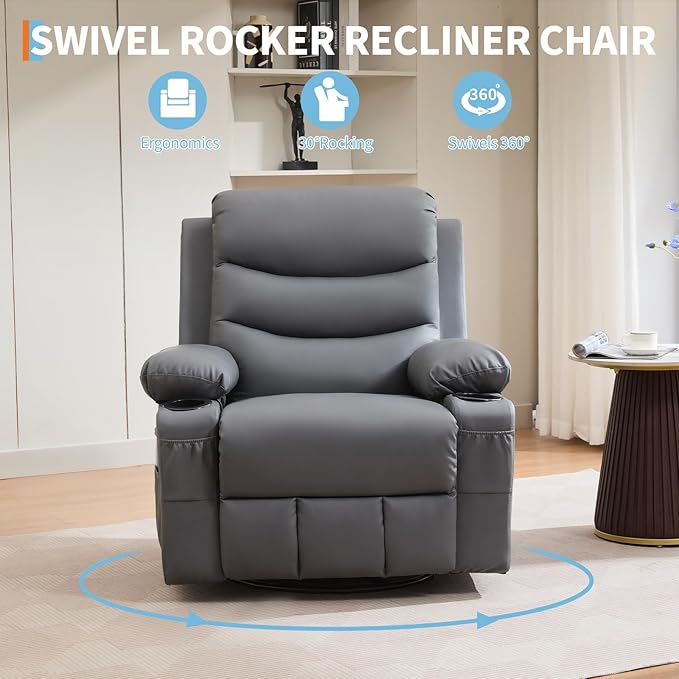 Leather Recliner Chair Nursery, Oversized Manual Reclining Rocking Chair, 360 Swivel Glider with Cup Holder, Massage and Heat Recliner, Small Sofa Chairs for Adults, Living Room, RV, Bedroom, Gray