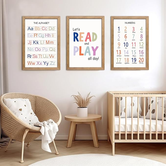 Cute Alphabet Numbers Framed Wall Art Set of 3, Boho Educational ABC Poster Wooden Sign for Baby Girl Kid Boy Toddlers, Neutral Preschool English Letters Nursery Decor for Homeschool Playroom Daycare