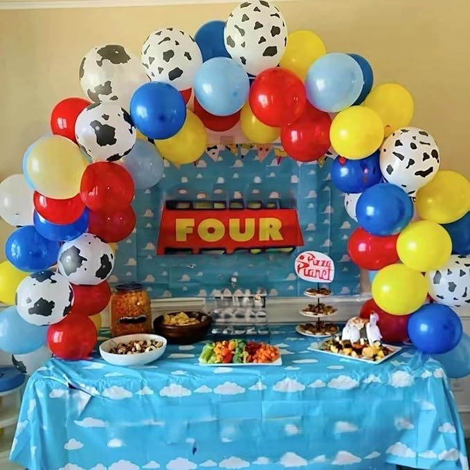 Toy Inspired Story Balloons, 12 Inch Cow Print Sky Blue Cloud Balloons Red Blue Yellow Green Balloons for Kids Boys Birthday Party Farm Themed Halloween Party Decorations