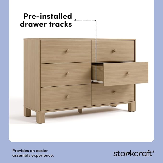 Storkcraft California 6 Drawer Double Dresser (Driftwood) – GREENGUARD Gold Certified, Spacious Storage Organizer for Kids’ Room, Safety Interlocking Drawer System