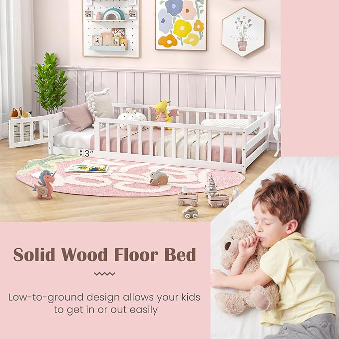 Giantex Twin Floor Bed with Door & Fence, Kids Wood Montessori Beds with Safety Guardrails, Floor Bed Twin for Kids, Boys, Girls, No Box Spring Needed, White