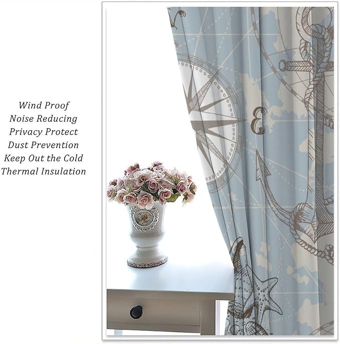 Nautical Costal Curtains, Compass Lighthouse Anchor Sailboat Pattern Blackout Print Home Bedroom Living Room Window Treatments 2 Panel Set 42x63 Inch