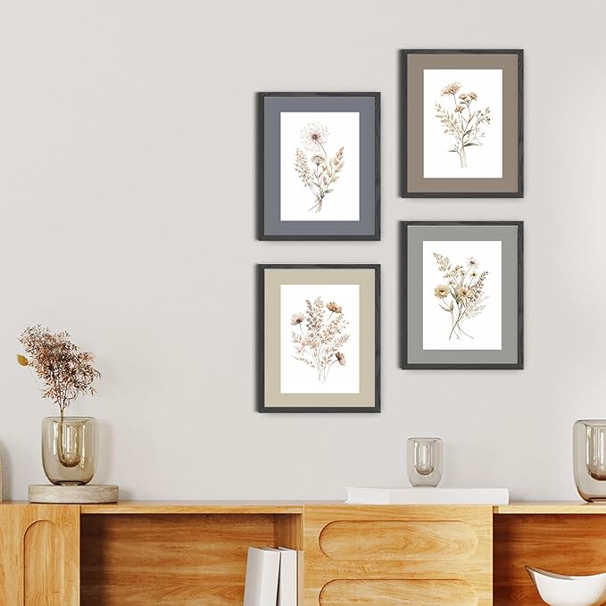 JINYO Vintage Boho Neutral Wildflower Wall Art Prints Set of 4, Floral Wall Decor, Cottagecore Botanical Floral Wall Decor Posters Pictures for Home Bedroom Living Room, 8x10 Unframed