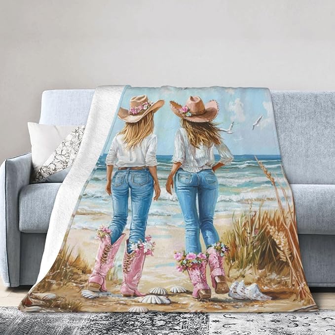Coastal Cowgirl Blanket Cowgirl Beach Decor Throw Blanket Super Soft Flannel Lightweight Fluffy Plush Fuzzy Fleece Western Blanket Gifts for Girl Woman Boys Kids Adults Man for Bed Sofa 50"X60"