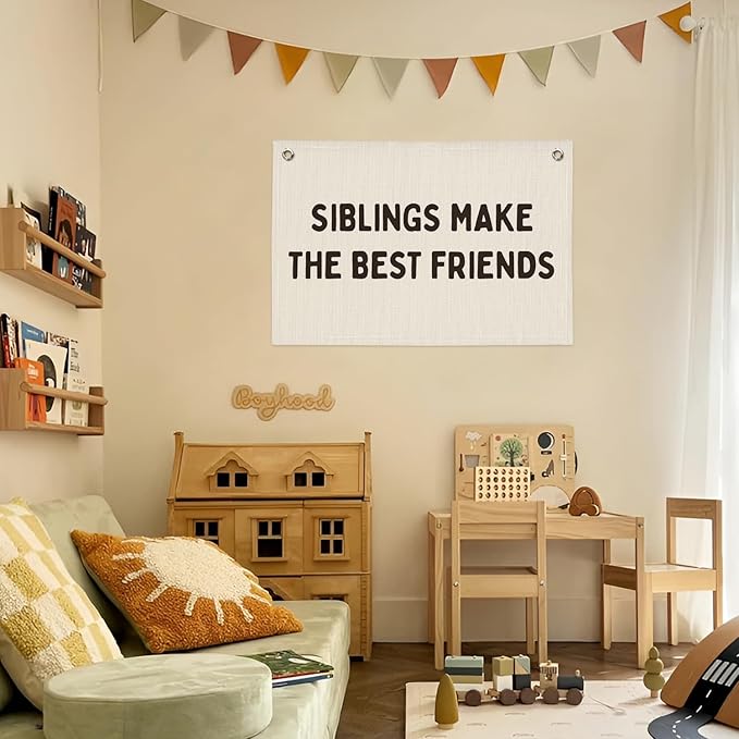 Kids Room Decor Playroom Banner, Siblings Make the Best Friends Linen Canvas Banner Wall Hanging Flag, Boys Girls Nursery Decor 20x30