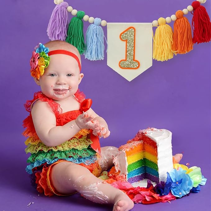 Handmade Light Rainbow 1st Birthday High Chair Banner Party Decoration for Girl Baby Colorful Wall Hangings Decoration Happy One Birthday Photoshoot Props Photo Props