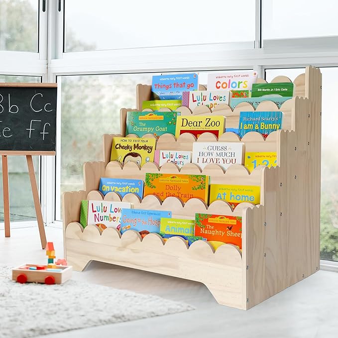 5 Tier Large Kids Scalloped Bookshelf Wooden Scalloped Shelf Children Montessori Bookshelf for Kids Room Toddler BookShelves Scalloped Children BookShelves for Nursery ClassRoom LivingRoom