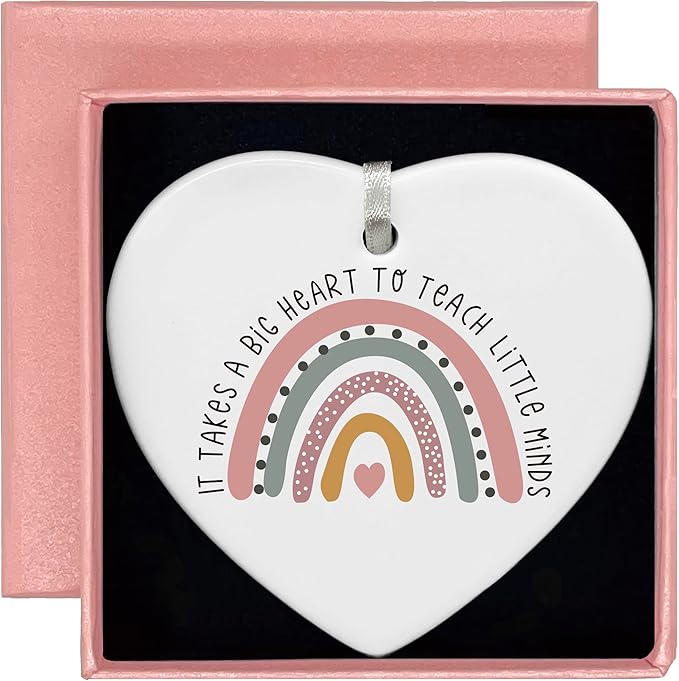 Heart Shaped Christmas Ornament-Rainbow Teacher Appreciation Week Gift-Thank You Birthday Thanksgiving Present for Educator Instructor Mentor It Takes A Big Heart to Teach Ceramic Keepsake