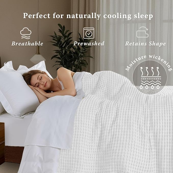 Threadmilll Cooling Cotton Waffle Queen Size Blanket | Breathable, Lightweight & Ultra-Soft | Made from Rayon Derived from Bamboo | Cooling Throw Blanket for Couch and Sofa | 90 x 92 Inches | White