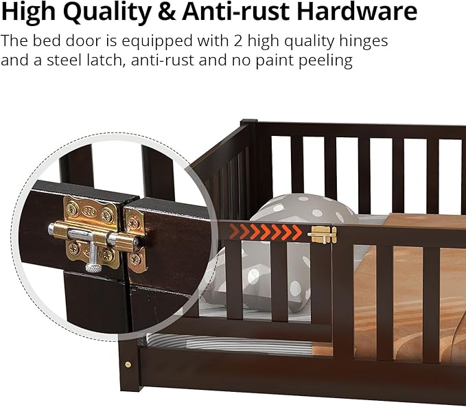 i-POOK Queen Floor Bed for Children, Sturdy Wood Montessori Bed Frame with Wood Slats, High Fence & Small Door for Girls and Boys, Espresso (with Bed Slats)