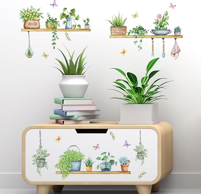 Green Wall Decals: Tropical Vine Plant Potted Stickers with Butterfly & Flower Designs - Ideal for Living Room, Bedroom & Office