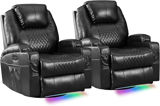Power Swivel Rocker Recliner Chair with Massage and Heat/LED Lights/USB and Type-C Ports/Infinite Position/Cup Holder, Electric Glider Reclining Sofa for Nursery Living Room (2, Black)