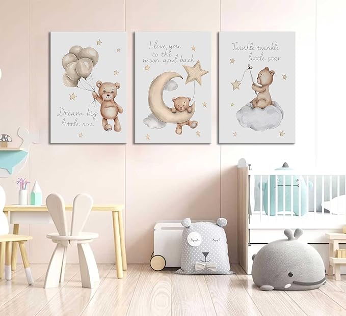 3Pcs Teddy Bear Wall Art Cute Little Bears Wall Decor Slepping Teddy Bears Posters Prints Moon Star Cloud Neutral Nursery Canvas Pictures for Kid's Room or Bedroom Painting Framed