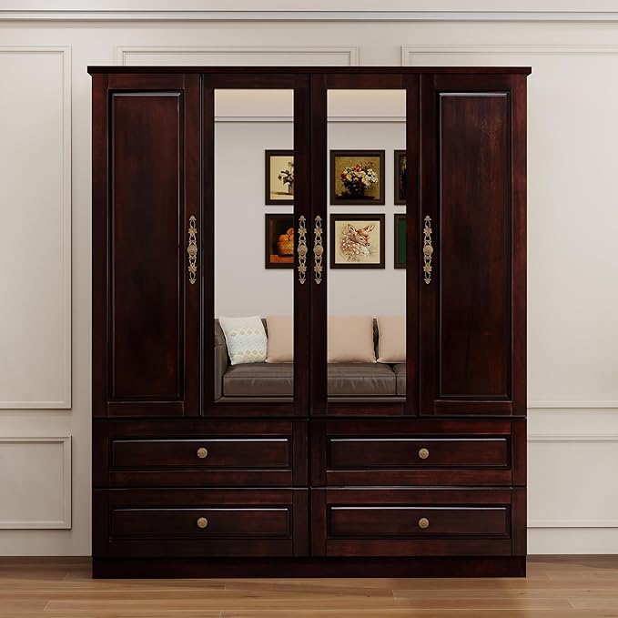 Solid Wood Armoire:4 Doors Wardrobe Closet with Mirror Drawers and Hanging Rod,Storage Cabinet Clothes Organizer for Bedroom Brown Black