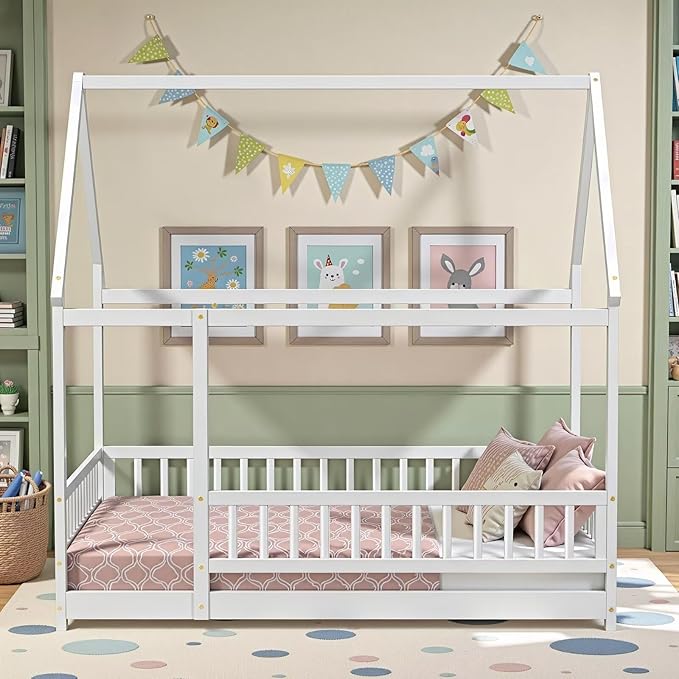 LLS Full Size Montessori Floor Bed Frame with Slats and Fence, Wooden House Bed for Boys Girls Bedroom, White