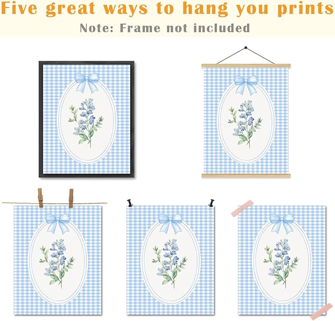 JINYO Preppy Coquette Blue Bow Flower Wall Art Prints Set of 4, Coquette Room Decor, Cottagecore Blue Wildflower Botanical Posters Pictures Wall Decor for Girls Bedroom Home, 8x10 Unframed