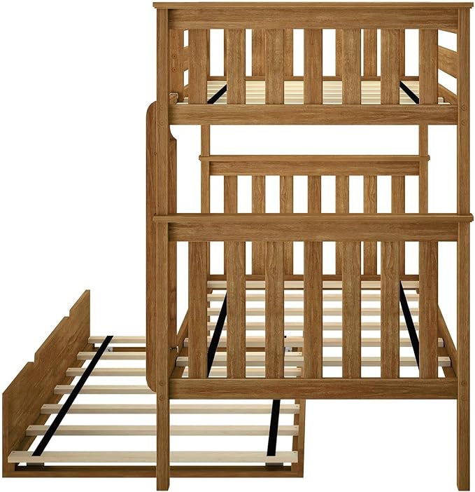 Max & Lily Bunk Bed, Twin-Over-Twin Bed Frame for Kids with Trundle, Pecan