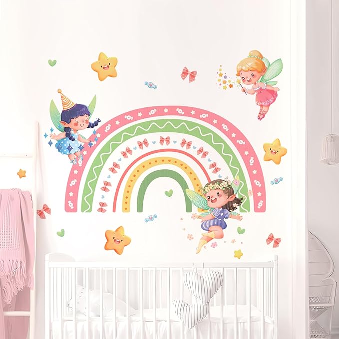 Tanlaby Large Rainbow Fairy Wall Stickers Elf Stars Wall Decals Peel and Stick Wall Art Sticker for Girls Bedroom Baby Nursery Kids Playroom Daycare Classroom Decor
