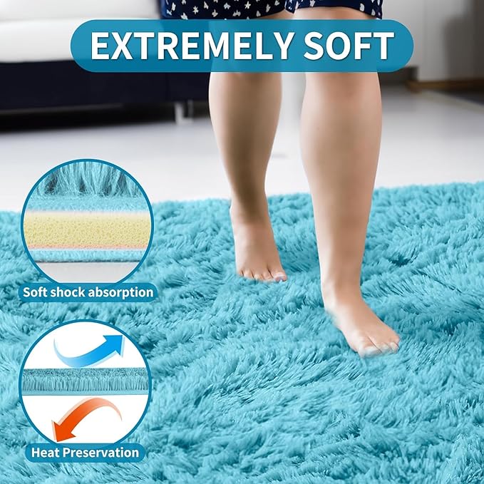Merelax Soft Modern Indoor Large Shaggy Rug for Livingroom Bedroom Dorm Kids Room Home Decorative, Non-Slip Plush Fluffy Furry Fur Area Rugs Comfy Nursery Accent Floor Carpet 8x10 Feet, Teal