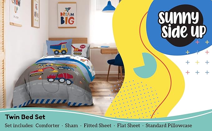 Sunny Side Up Construction Zone Twin Comforter Set - 5 Piece Kids Bedding Includes Comforter, Sheets & Pillow Cover - Super Soft Vehicles Microfiber Bed Set