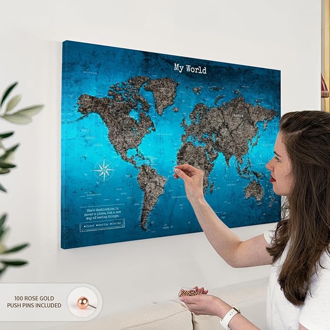 ElephantStock - My World Push Pin Travel Map Iii Wall Art - Horizontal Canvas Wall Art - Living Room Wall Decor - Digital Art Map Canvas Art - Turquoise And Blue Decor - 36" x 24"
