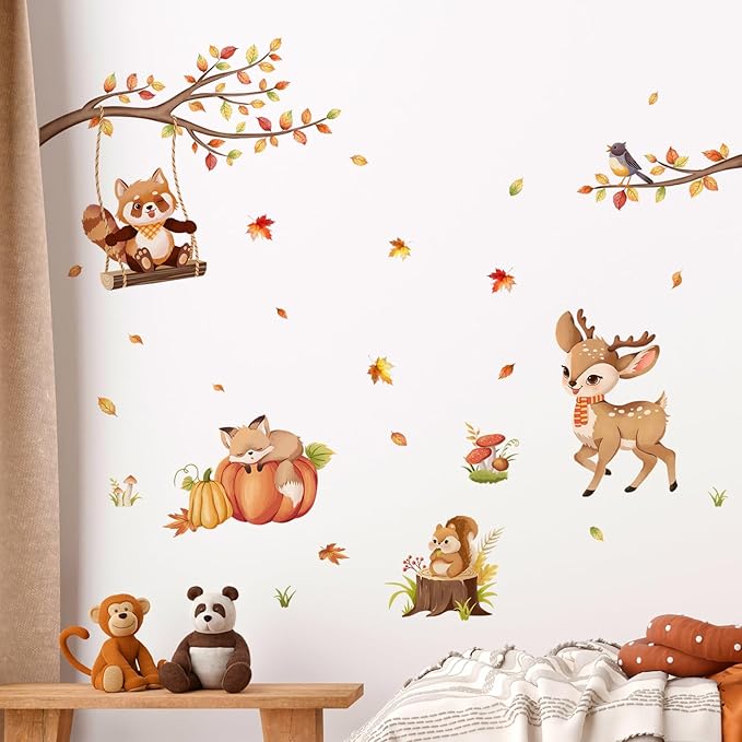 Tanlaby Woodland Animals Wall Stickers Autumn Maple Leaves Wall Decals Forest Cartoon Animal Deer Fox Sticker Peel and Stick Fall Art Decor for Baby Nursery Kids Bedroom Playroom Daycare Classroom