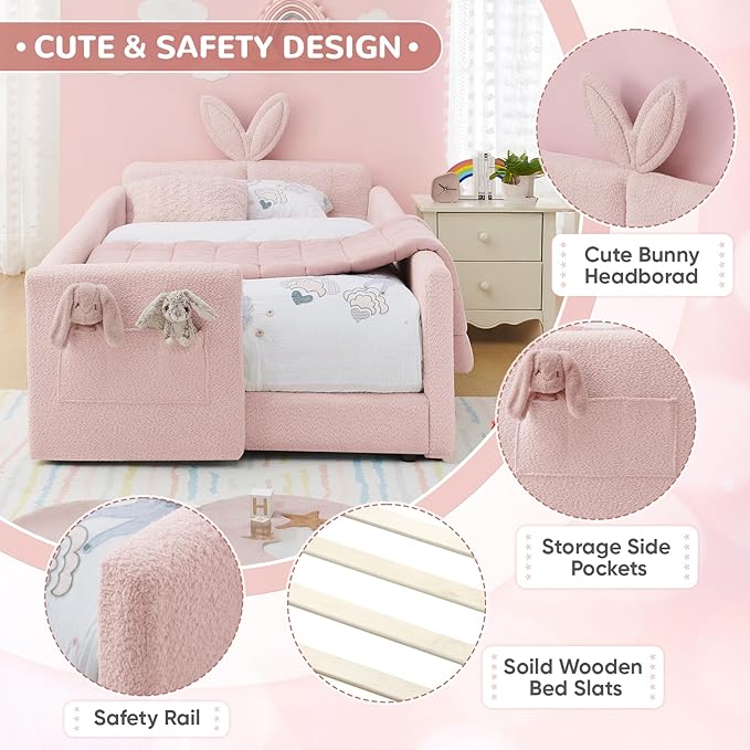 Twin Size Kids Bed with Rabbit Ear Headboard, Upholstered Boucle Fabric Twin Daybed with Slats Support & Side Pockets, Space-Saving Wooden Corner Sofa Couch Bed Frame, for Girls, Boys, Teenager(Pink)