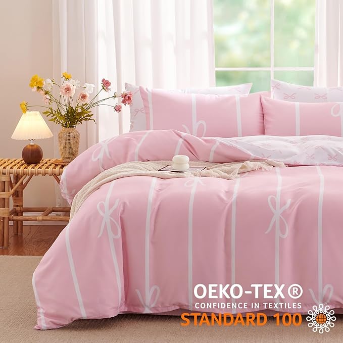 Pink Bow Duvet Cover King Coquette Bedding Set for Girls Kids Cute Princess Style Bowknot Bedding Ultra Soft Microfiber Duvet Cover Set with 2 Pillowcases(No Comforter)