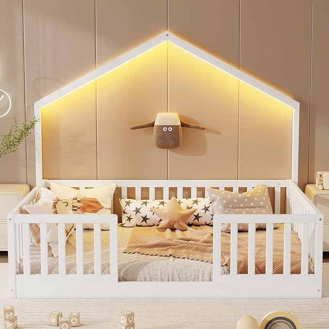 Full Size House Bed for Kids, Low Profile Full Montessori Bed with High Railings, Wood House Shape Montessori Beds with Light & Roof for Kids, White