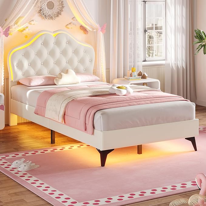 BTHFST Twin Size Upholstered Bed Frame with LED Lights, Adjustable Headboard with Crystal Button, Princess Platform Bed for Girls, Solid Wood Slats Support, No Box Spring Needed, Beige