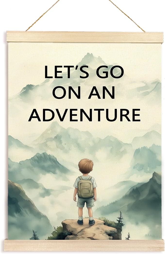Hiuwevt Adventure Nursery Wall Art, Let's Go on an Adventure Poster Hanger Frame, Mountain Nursery Wall Art Home Decor for Kids Little Boys Toddler Room Bedroom Playroom, 12x16 Inch