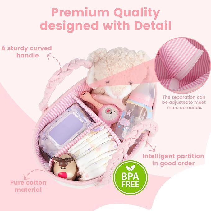 Baby Diaper Caddy, Portable Diaper Organizer for Changing Table, Car Travel Girls Shower Gifts Newborn Essentials, Cotton Rope Nursery Storage Basket for Girls (White＆Pink)
