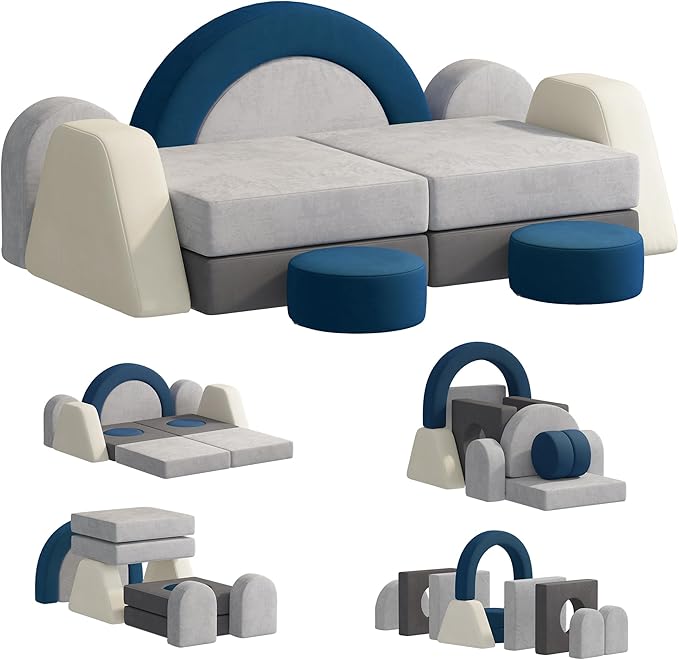 12 PCS Modular Kids Play Block Couch Child Sectional Soft Sofa Toddler Building Fortplay Climbing Bedroom Playroom Baby Convertible Floor Foam Cushion for Boys & Girls (Blue+Grey+Beige)