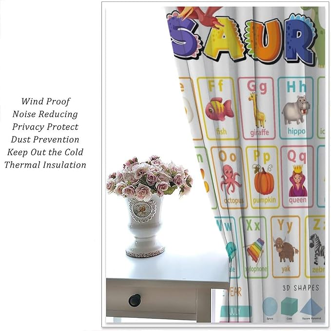Funny Kids Alphabet Curtain, Cartoon Animal Alphabet Learning Dinosaur Boys Kids Students Baby Educational Colorful Blackout Window Treatments for Bedroom Living Room School 84" W X 84" L