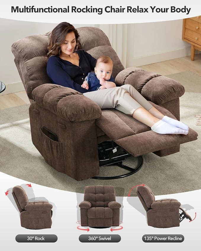Swivel Recliner Chair, Upholstered Fabric Comfy Rocking Chair, Sturdy Q235 Steel Frame Nursery Glider, 300 LBS Capacity, for Small Spaces, Living Room, Bedroom, Brown