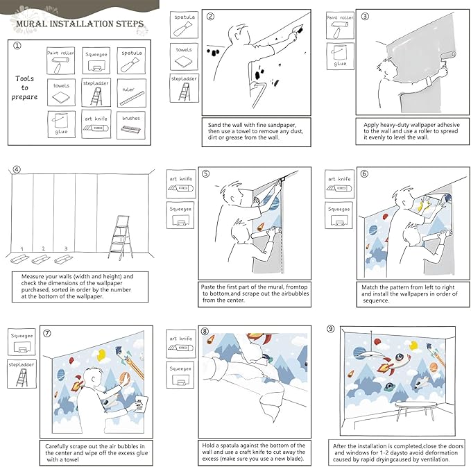 AFZEVEB-Space Mural Hand-Painted Cartoon Wallpaper for Kids Room 136"x96"(Not Peel and Stick)