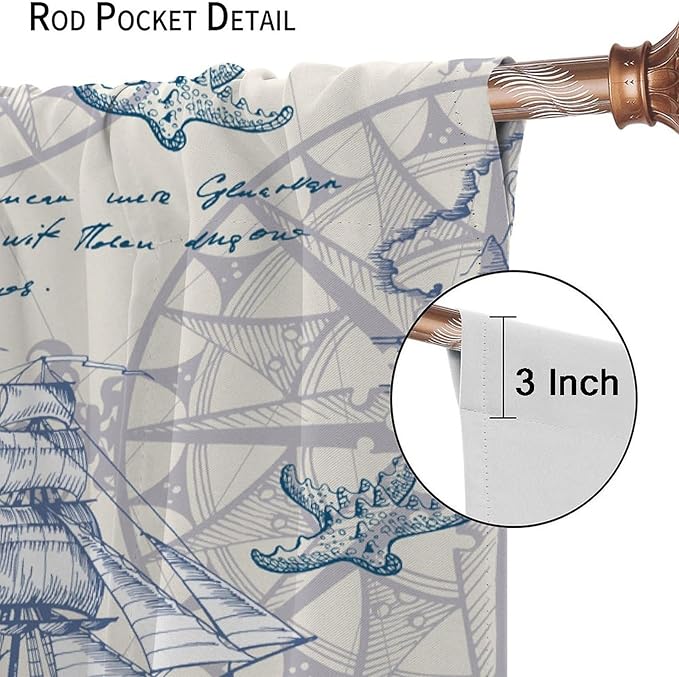 Nautical Sailboat Map Curtain,Ship Compass Lighthouse Anchor Decorative Curtain Polyester Fabric Waterproof Bedroom Curtain Set 2 Panels,63x72 Inches