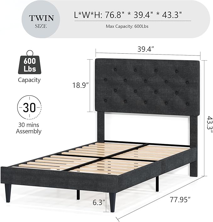 BarnFurin Twin Bed Frame, Upholstered Platform Bed with Button Tufted Headboard, Fabric Bed Frame with Wooden Slats Support, No Box Spring Required, Easy Assembly, Dark Grey