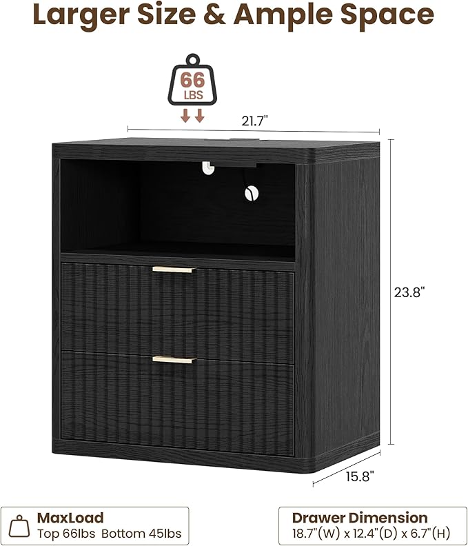 Fluted Nightstand Set of 2 with Charging Station, 21.7" Wide Modern Night Stand with 2 Drawers Open Storage Cabinet, Wooden Bedside End Table for Bedroom,Black