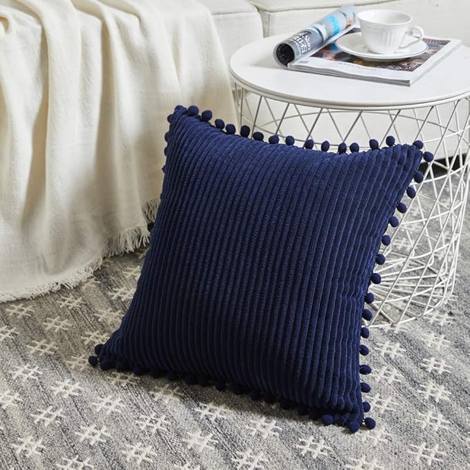 Fancy Homi Pack of 2 Corduroy Soft Decorative Throw Pillow Covers with Pom-poms, Solid Square Cushion Case Pillow Cases Set for Couch Sofa Bedroom Car Living Room (16x16 Inch/40x40 cm, Navy Blue)
