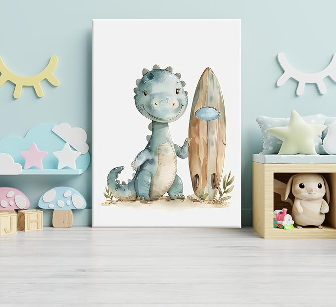 Funny Dinosaur Nursery Canvas Wall Art Surfing Skateboard Riding Dinosaur Painting Picture Wall Decor Sport Nursery dinosaur Print Artwork Poster Print Artwork for Boys Room Girls Room Home Decoration