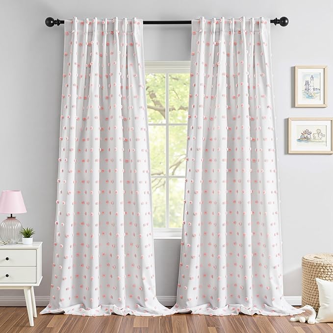 MYSKY HOME 100% Blackout Curtains for Living Room Extra Long White Curtains 102 Inch Length Total Room Darkening Girls Room Drapes Thermal Insulated Pink Pom Pom Sheer Back Tab 2 Pieces 52 Wide