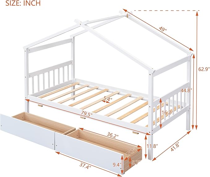 Merax Twin Size Wooden House Bed with Two Drawers, Wood Bed Frame with Roof for Kids, Teens, Boys or Girls, White