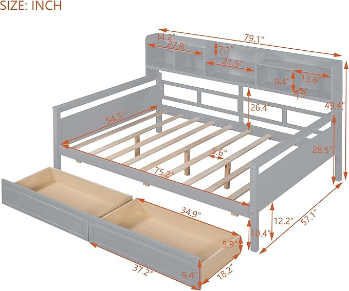 Harper & Bright Designs Full Daybed with Storage, Wooden Full Size Bed Frame with Bookcase Headboard and 2 Drawers, Full Sofa Bed with Shelves for Living Room Bedroom, No Box Spring Need, Gray
